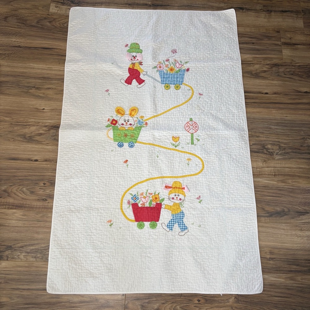 Vintage‎ Bunny Rabbit Baby Blanket Crib Hand Embroidered 55.5x34 3D Ears Easter